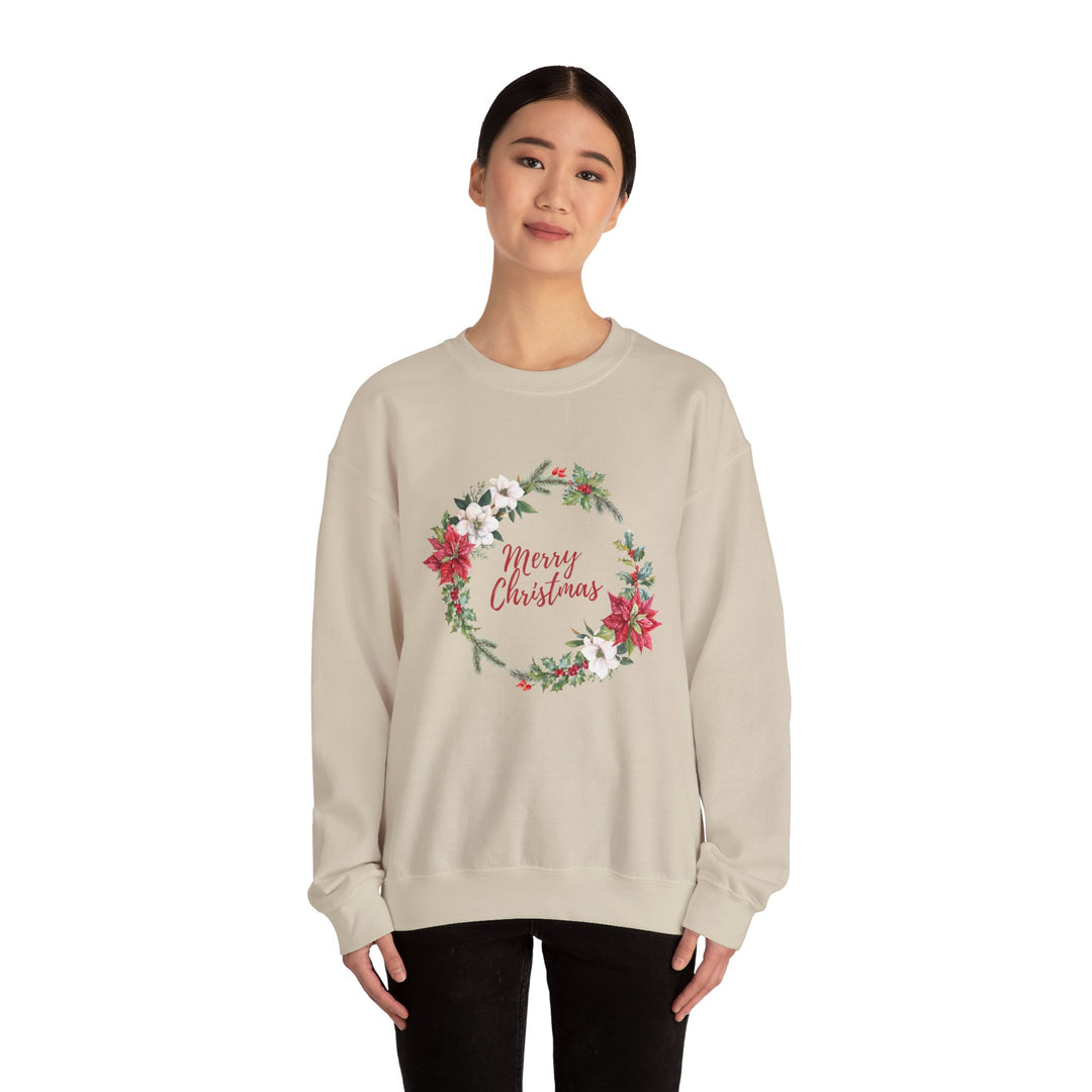Christmas Poinsettia Wreath Sweatshirt — "Merry Christmas" Holiday Crewneck