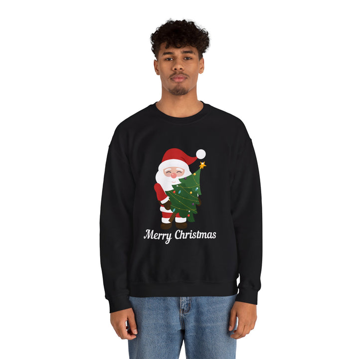 Christmas Sweatshirt – Cute Santa Hugging Christmas Tree “Merry Christmas” Holiday Crewneck