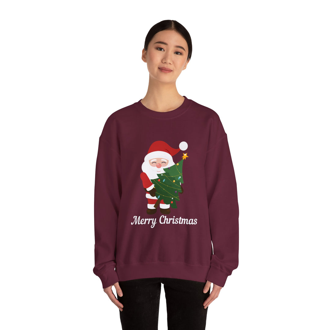 Christmas Sweatshirt – Cute Santa Hugging Christmas Tree “Merry Christmas” Holiday Crewneck