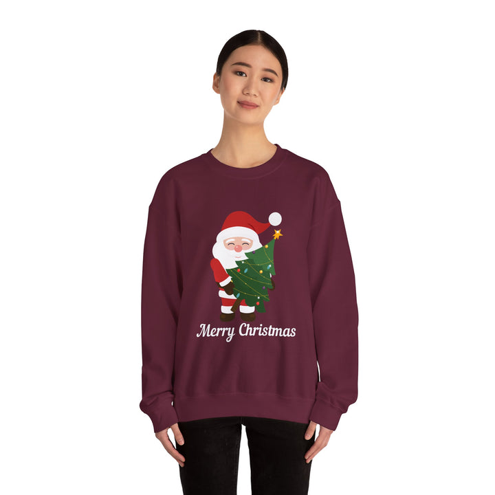 Christmas Sweatshirt – Cute Santa Hugging Christmas Tree “Merry Christmas” Holiday Crewneck