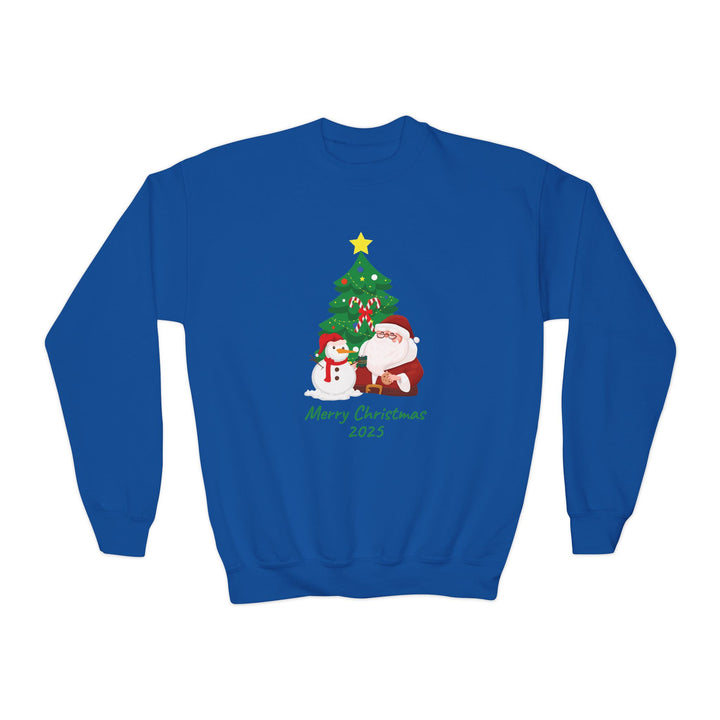 Youth Christmas Crewneck Sweatshirt — 'Merry Christmas 2025' Santa & Snowman Tree Design