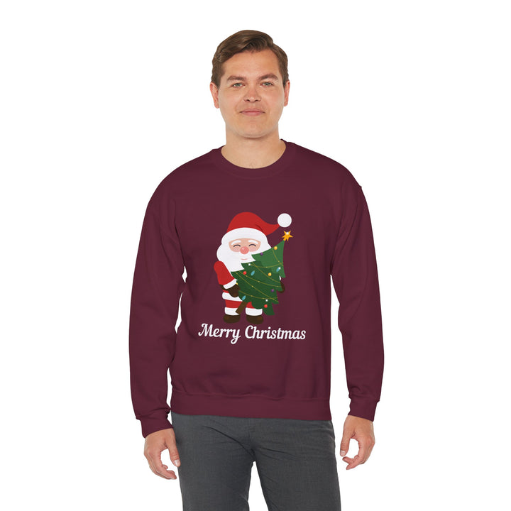 Christmas Sweatshirt – Cute Santa Hugging Christmas Tree “Merry Christmas” Holiday Crewneck