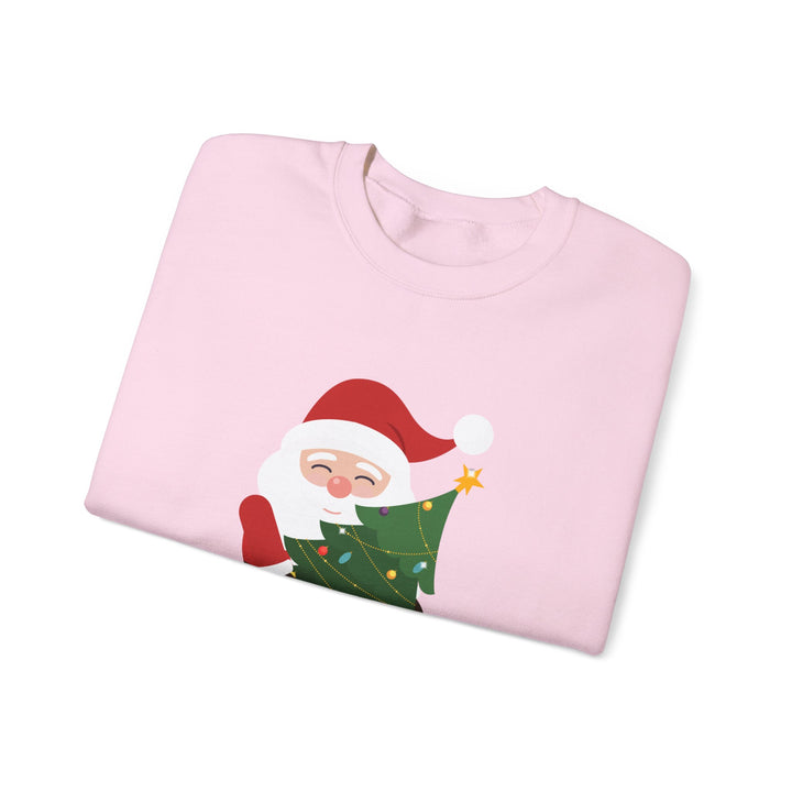 Christmas Sweatshirt – Cute Santa Hugging Christmas Tree “Merry Christmas” Holiday Crewneck