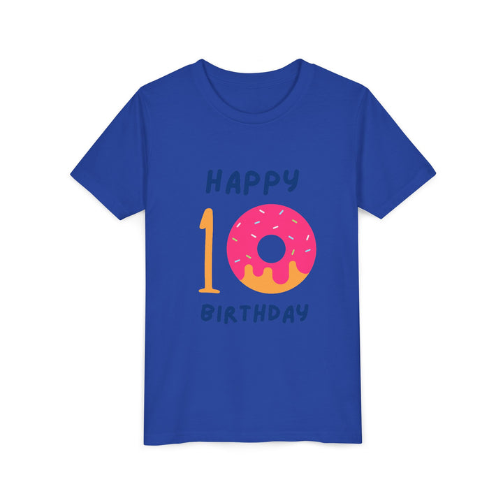 10th Birthday Youth Tee – Pink Donut "Happy 10 Birthday" Kids Shirt