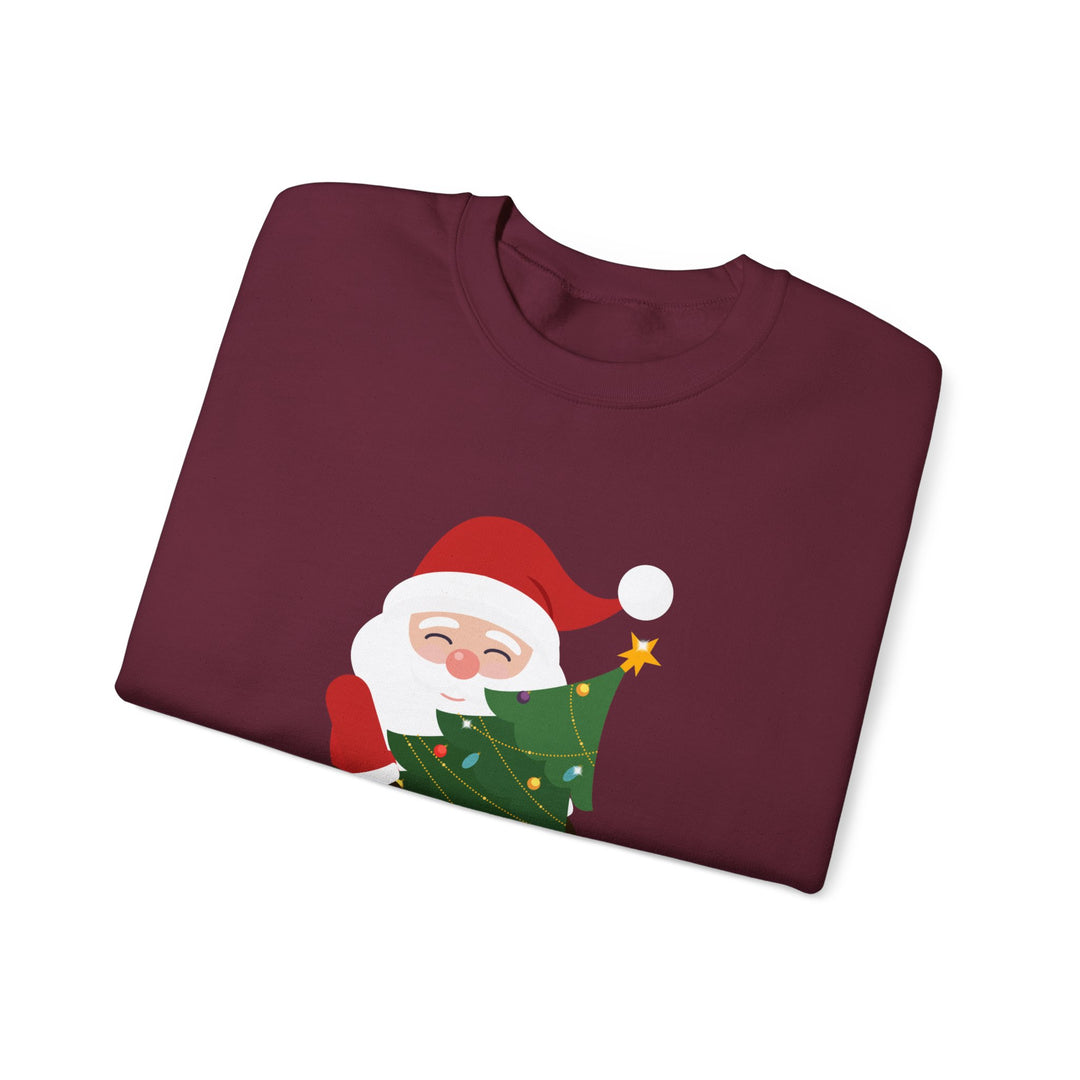 Christmas Sweatshirt – Cute Santa Hugging Christmas Tree “Merry Christmas” Holiday Crewneck