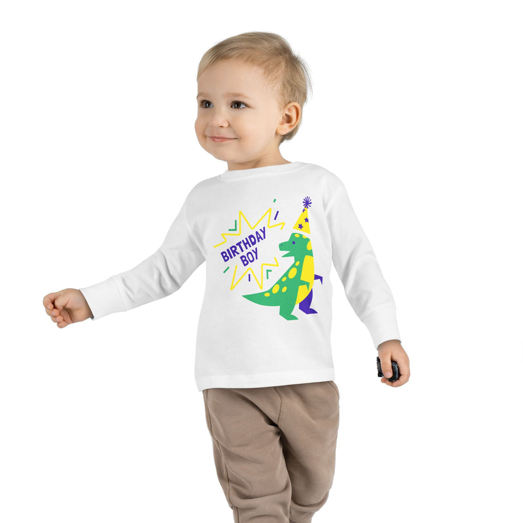 Birthday Boy Toddler Long Sleeve Tee — Cute Party Dinosaur Design
