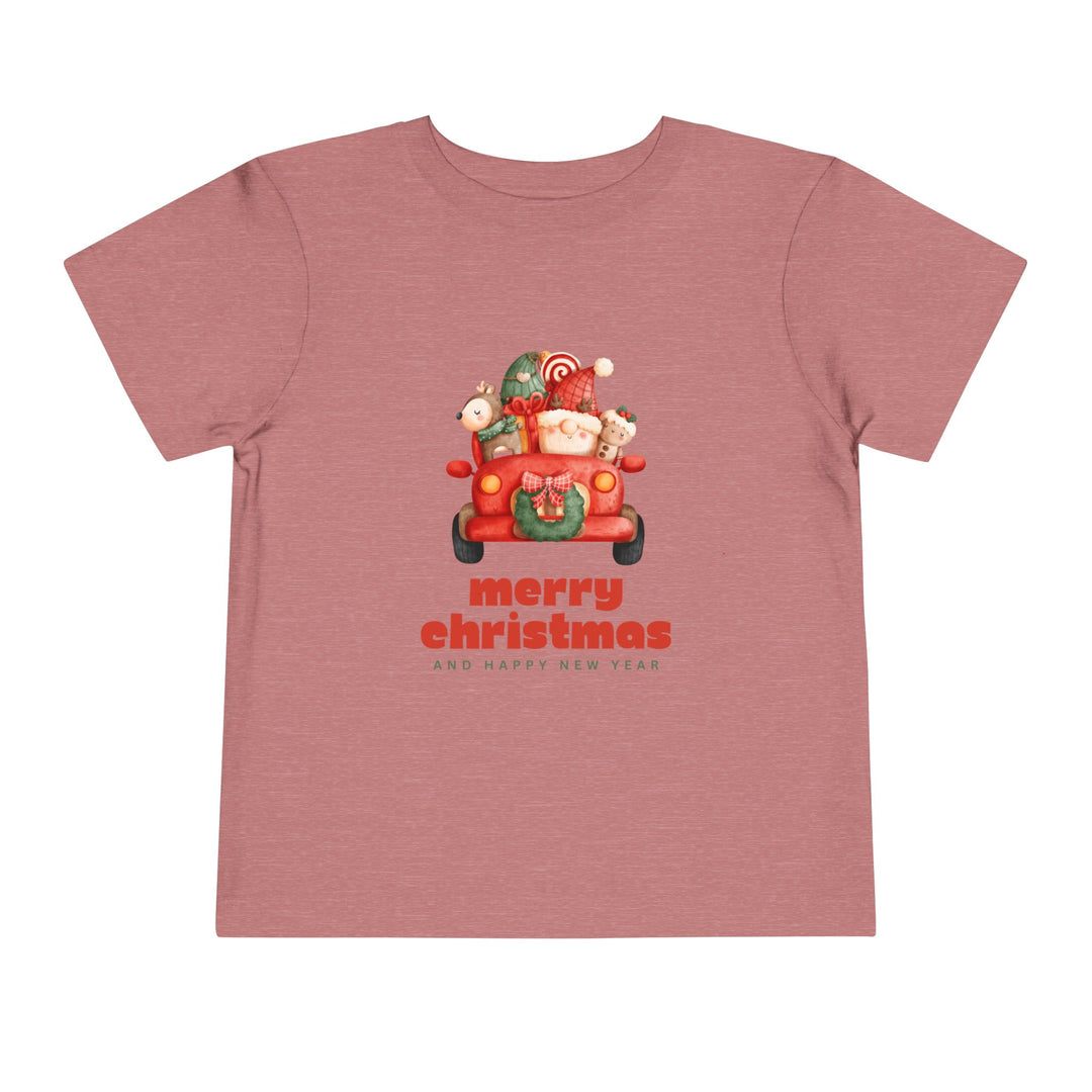 Toddler Tee — Cute Santa in Car “Merry Christmas and Happy New Year” Holiday Tee