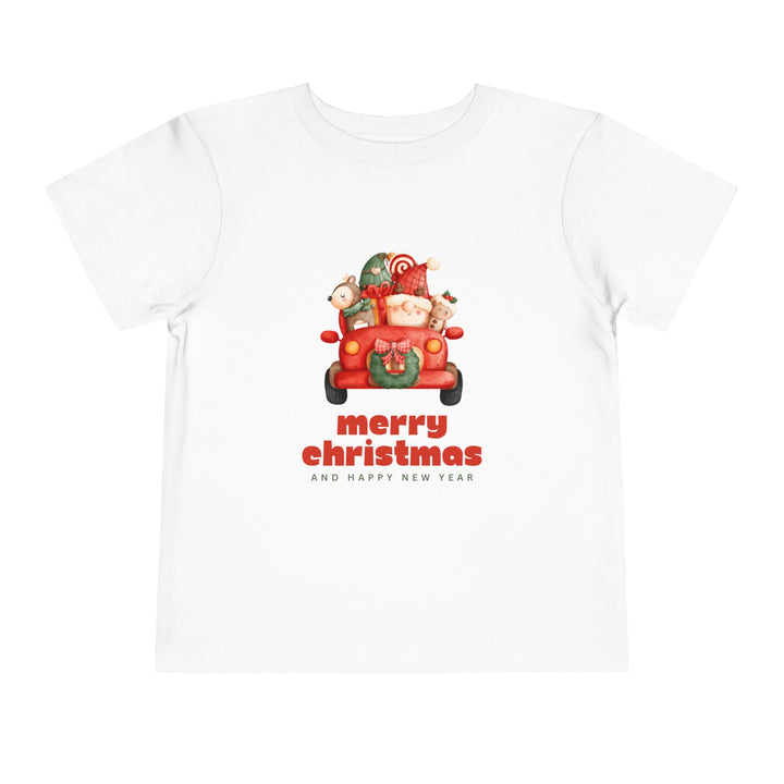 Toddler Tee — Cute Santa in Car “Merry Christmas and Happy New Year” Holiday Tee