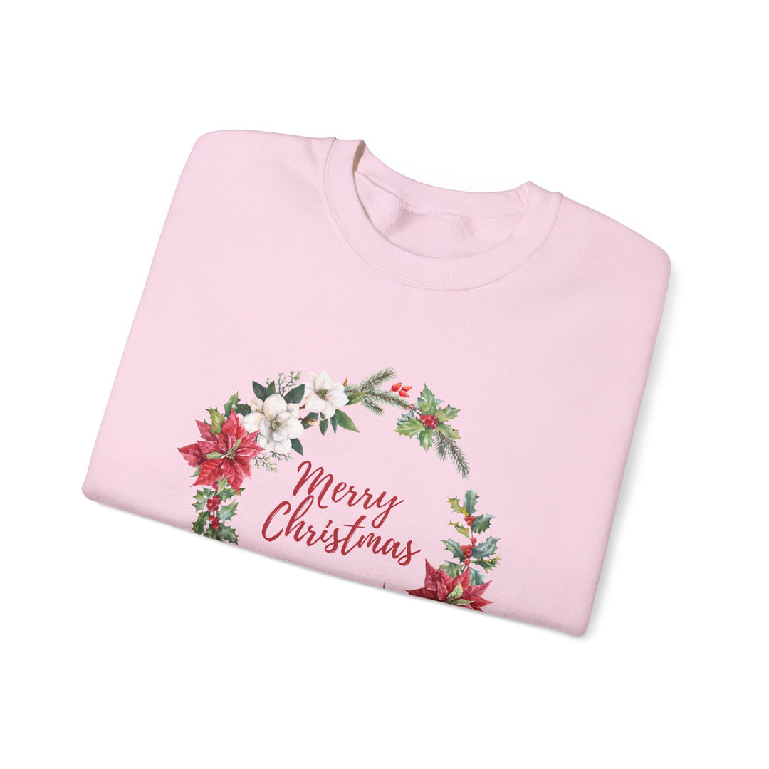 Christmas Poinsettia Wreath Sweatshirt — "Merry Christmas" Holiday Crewneck