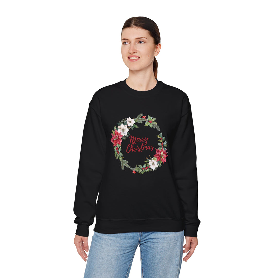 Christmas Poinsettia Wreath Sweatshirt — "Merry Christmas" Holiday Crewneck
