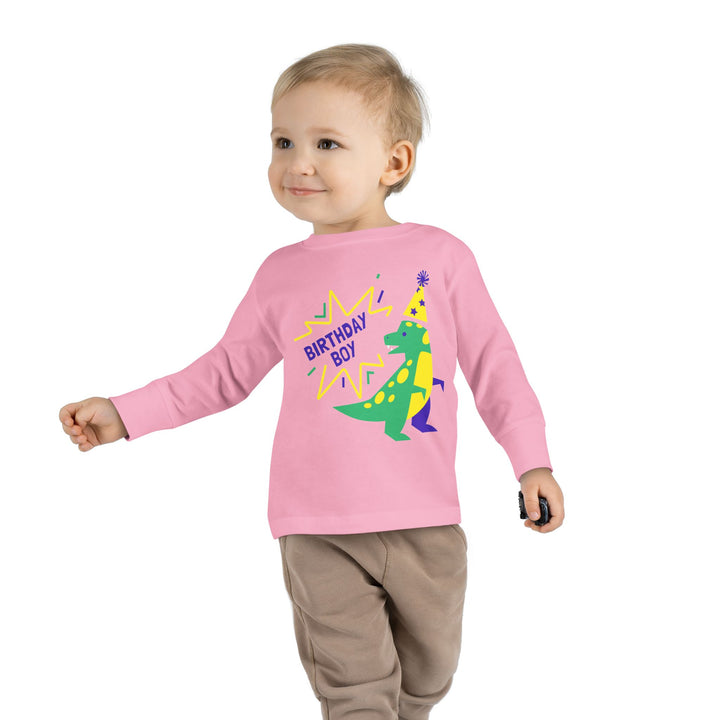 Birthday Boy Toddler Long Sleeve Tee — Cute Party Dinosaur Design