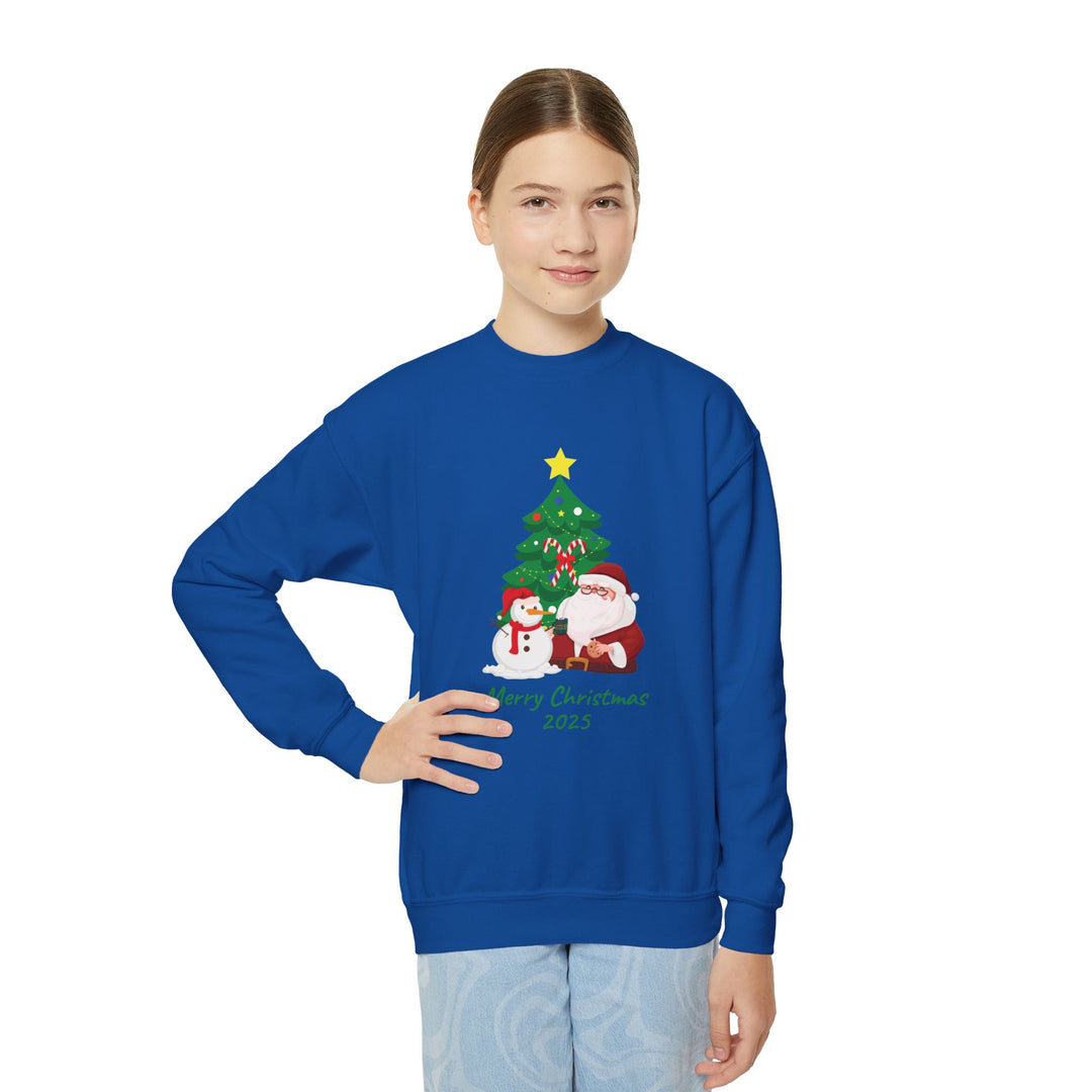 Youth Christmas Crewneck Sweatshirt — 'Merry Christmas 2025' Santa & Snowman Tree Design