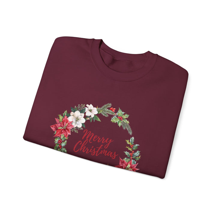 Christmas Poinsettia Wreath Sweatshirt — "Merry Christmas" Holiday Crewneck