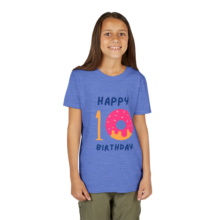10th Birthday Youth Tee – Pink Donut "Happy 10 Birthday" Kids Shirt