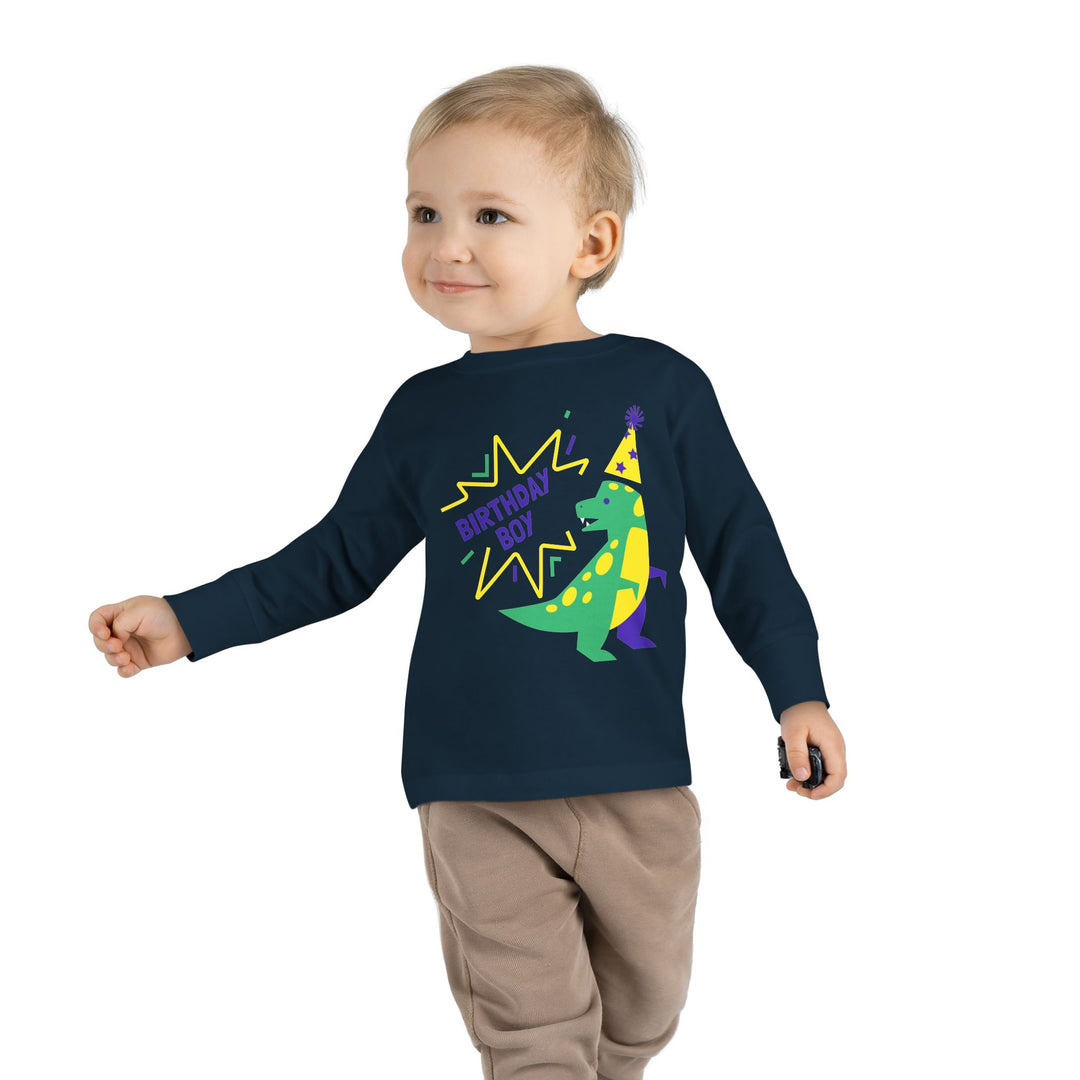 Birthday Boy Toddler Long Sleeve Tee — Cute Party Dinosaur Design