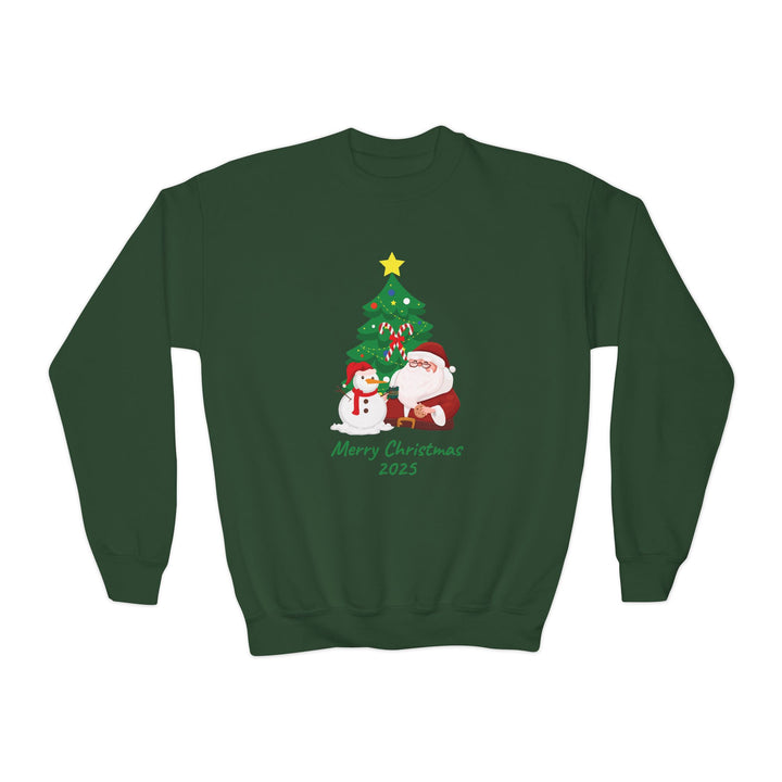 Youth Christmas Crewneck Sweatshirt — 'Merry Christmas 2025' Santa & Snowman Tree Design