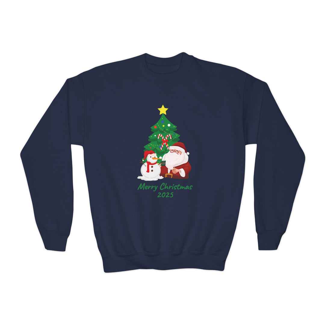 Youth Christmas Crewneck Sweatshirt — 'Merry Christmas 2025' Santa & Snowman Tree Design