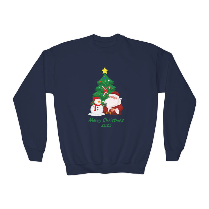 Youth Christmas Crewneck Sweatshirt — 'Merry Christmas 2025' Santa & Snowman Tree Design