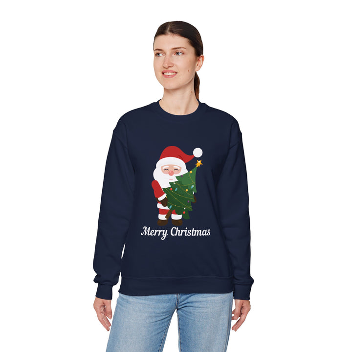 Christmas Sweatshirt – Cute Santa Hugging Christmas Tree “Merry Christmas” Holiday Crewneck