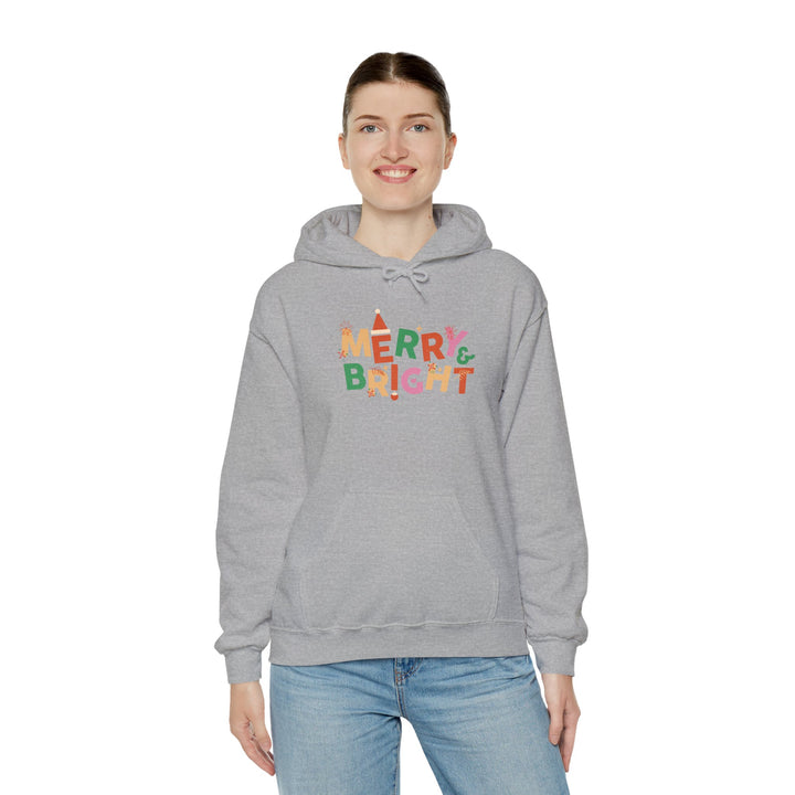Merry & Bright Holiday Hoodie — Colorful Christmas Graphic Sweatshirt