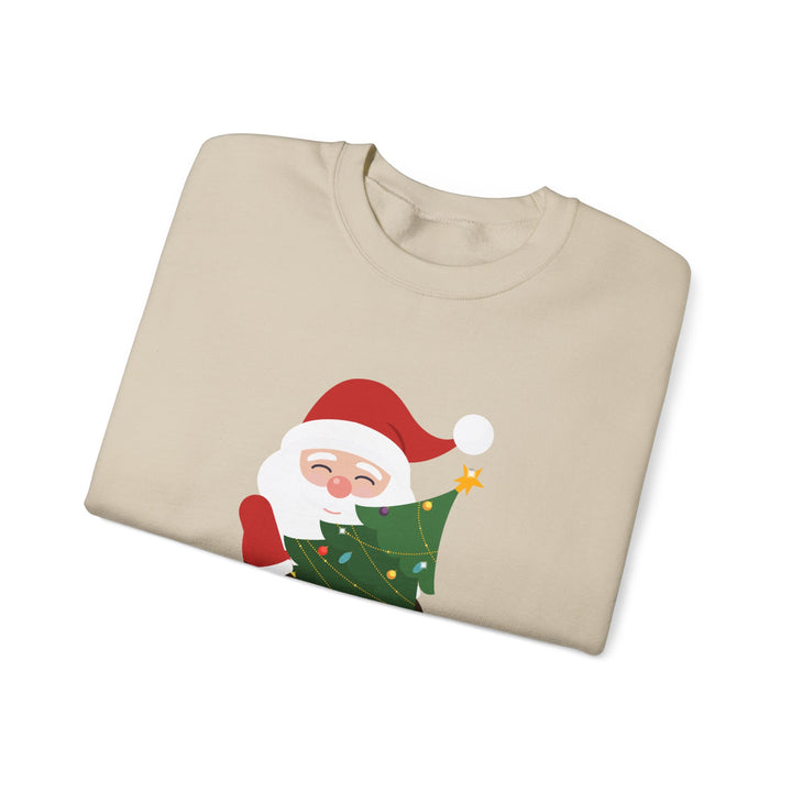 Christmas Sweatshirt – Cute Santa Hugging Christmas Tree “Merry Christmas” Holiday Crewneck