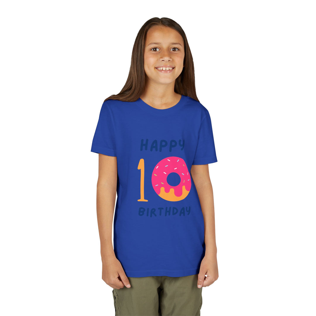 10th Birthday Youth Tee – Pink Donut "Happy 10 Birthday" Kids Shirt