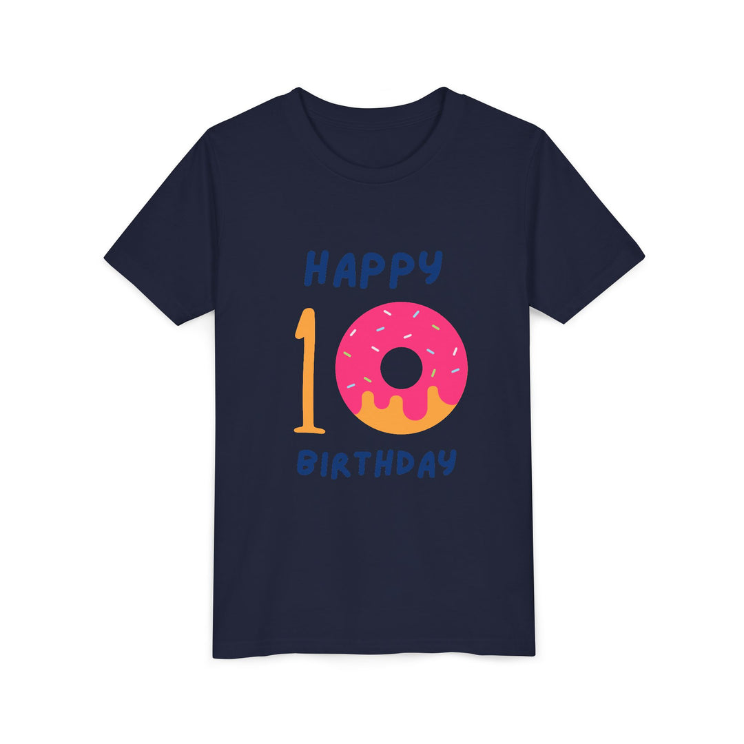 10th Birthday Youth Tee – Pink Donut "Happy 10 Birthday" Kids Shirt