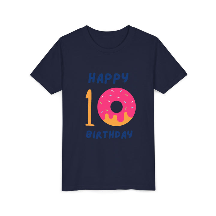 10th Birthday Youth Tee – Pink Donut "Happy 10 Birthday" Kids Shirt