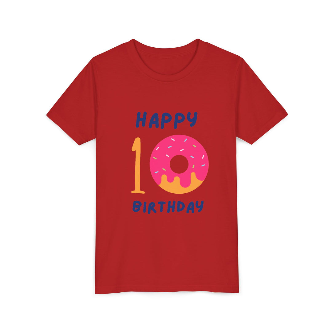 10th Birthday Youth Tee – Pink Donut "Happy 10 Birthday" Kids Shirt